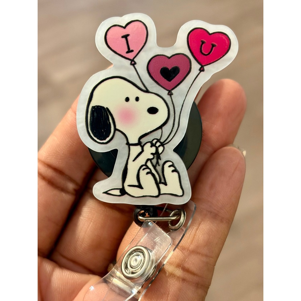 Snoopy Peanuts I Love U Heart Balloons Retractable Badge Reel ID Holder Clip